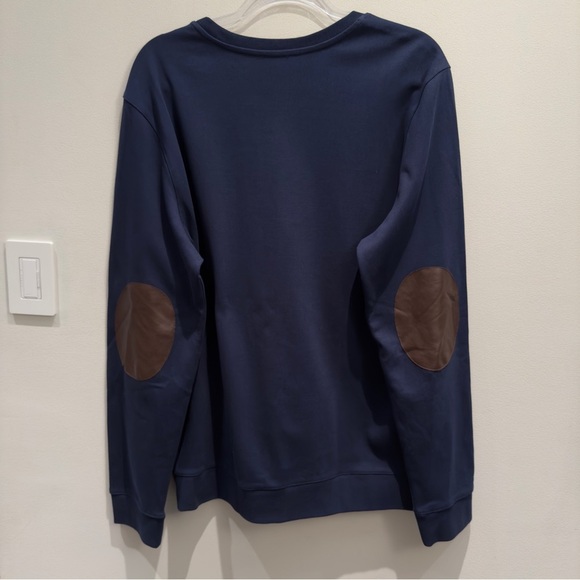 A.P.C. Navy Crewneck Sweatshirt w/ Brown Leather Elbow Patches Minimalist XL - Picture 1 of 8